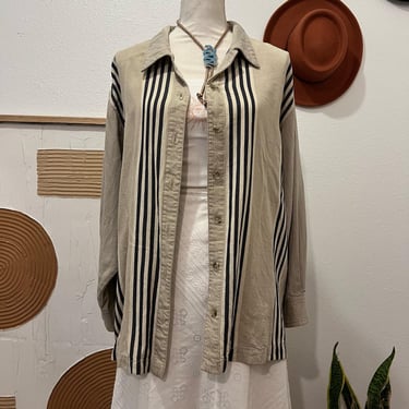 Vintage 90s Oversized Neutral Beige Vertical Stripe USA Made Button Front Shirt 