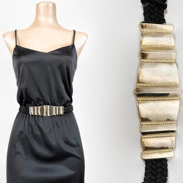 VINTAGE 80s Big Gold Metal Slide Buckle Stretch | Black  display picture 3
