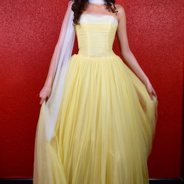 1950s Yellow Chiffon Ballgown with Draping Scarves 
