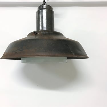 Industrial lamps with opaline glass, 1960s - vintage industrial ceiling light - enamel pendant light - factory light - industrial lamp 