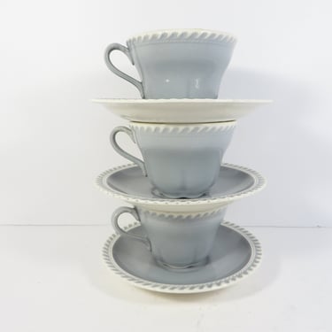 Mid Century Harker Ware Pate Sur Pate Soft Gray Blue Cups and Saucers - Set of  Chesterton Gray Harker Coffee Cups 