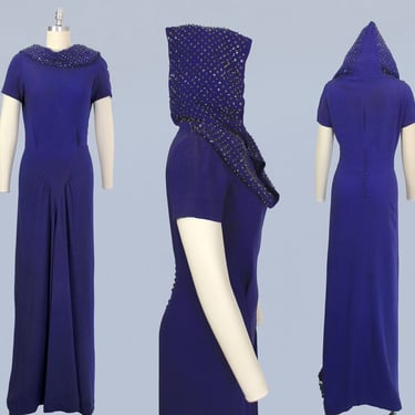 Rare!! 1930s HOODED Dress / Late 30s Purple Crepe Evening Gown / 1940s Sequined Hooded Dress 