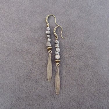 Pyrite stone earrings, brutalist earrings, mid century modern earrings, boho earrings, unique earrings, bohemian earrings, antique bronze 