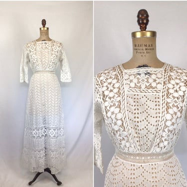 Vintage Edwardian dress | Antique white eyelet lace lawn dress | 1910s white cotton summer dress 