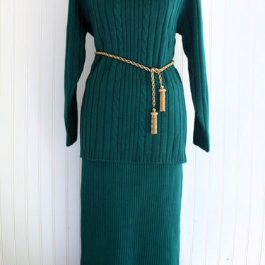 Emerald Green - 1980-90s - Wool - Long Sweater /Skirt set - by Ann Taylor - Estimated size L 