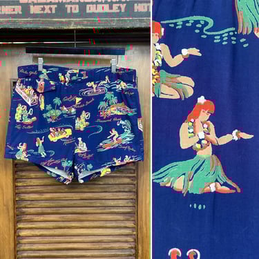 Vintage 1940’s Cartoon Silky Rayon Tiki Hawaiian Swim Trunk, Great Print, Hawaiian Shirt, 40’s Vintage Clothing 