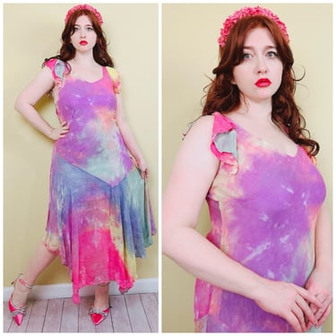 1990s Vintage Phool Tie Dye Bias Cut Dress / Y2K Rainbow Flutter Sleeve Romantic Gown / L- XL 