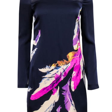 Yoana Baraschi - Navy &amp; Multi Color Feather Print Silk Blend Dress Sz 6