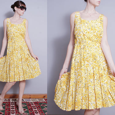 Vintage 1990's | BILL BLASS | Yellow | Floral | Pleated Skirt | Dress | S/M 