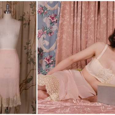 1930s Half-Slip - Decadent Vintage 30s Pink Silk Half-Slip Made of Pink Crinkle Tissue Crepe with Gorgeous Lace 