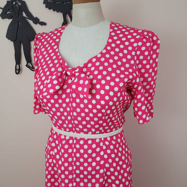 Vintage 1980's Polka Dot Dress / 90s Bright Pink Dress L 