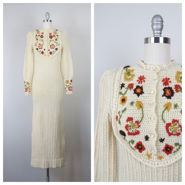 Vintage 1970s crochet dress, knit maxi, floral embroidered, puff shoulder, bishop sleeves, size xs 