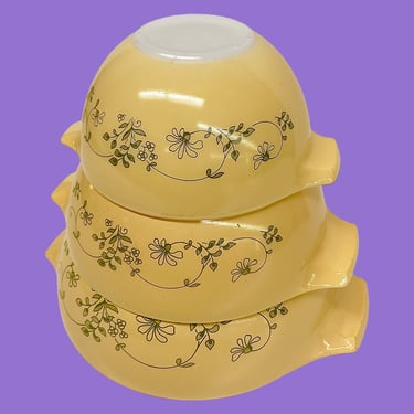 Vintage Pyrex Nesting Bowls Retro 1980s Shenandoah + Yellow and Green + Ceramic + Set of 3 + Cinderella Style + Mixing Bowls + Kitchen 
