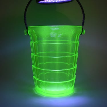 Vintage 30s Green Uranium Depression Glass Paneled and 3-D Tiered Ice Bucket with Twisted Metal Handle 