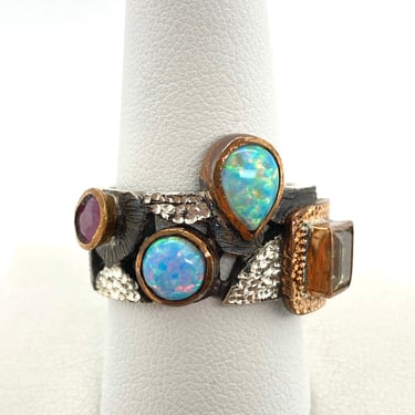 Artisan Modernist Opal & Multi Stone Textured Sterling Silver Band Ring Sz 9.75 