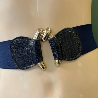 1980s navy elastic stretch belt gold hook buckle waspie medium 