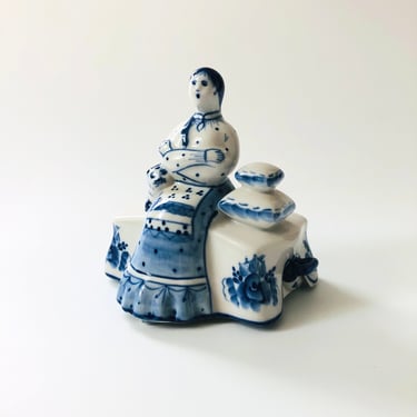 Blue and White Porcelain Woman Butter Dish 