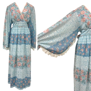 Vtg Vintage 1970s 70s Cottagecore Angel Sleeve Cornflower Blue Floral Maxi Dress 