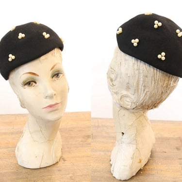 1940s pearl encrusted hat | vintage wool cloche beret 