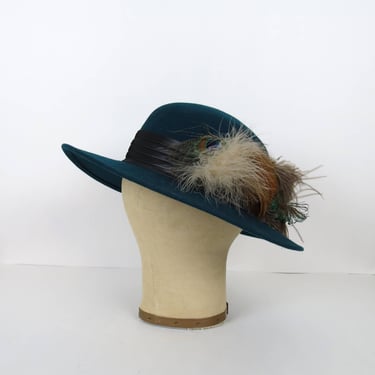 Vintage 1980s women's wool hat feather trim turquoise liz claiborne fedora wide brim fall fashion 