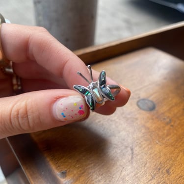 Sterling Silver and Abalone and Mother of Pearl Butterfly Ring, Stone Winged Butterfly Ring, Butterfly Ring, Bug Ring, Adjustable Ring 