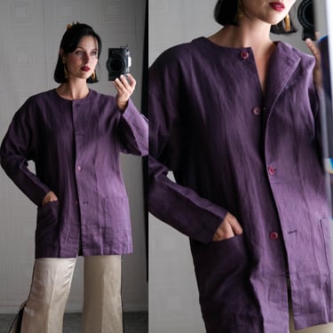 Vintage Y2K Diane Von Furstenburg Plum Linen Duster Button Front Blouse w/ Spacious Pockets | 100% Linen | Y2K 2000s DVF Designer Top 