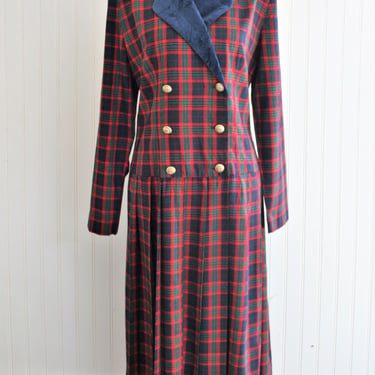 1980s - Plaid - Drop Waist - Velvet Collar - Double-breasted - by Lanz - Marked size 12 