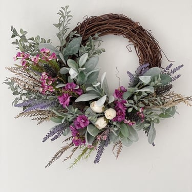 Spring Lavender, Waxflowers, Peony and Sage Greens Wreath, Front Door Wreath, Modern Spring Wreath 
