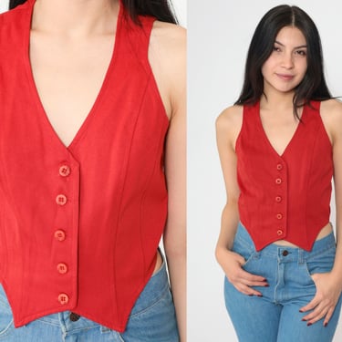 Red Vest 70s 80s Button Up Top Retro Waistcoat Princess Seam Simple Plain Preppy Sleeveless Seventies Summer Vintage 1970s Extra Small xs 