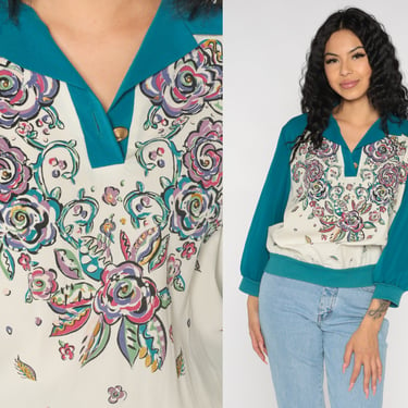 90s Floral Top Long Sleeve Collared Shirt Teal Blue Cream Flower Print Banded Hem Quarter Button Up Casual Blouse Vintage 1990s Medium M 