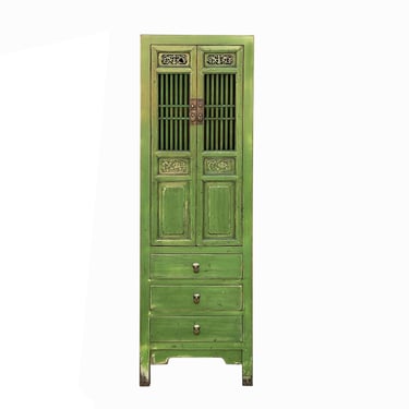 Oriental Distressed Green Narrow Shutter Doors Drawers Storage Cabinet cs7793E 