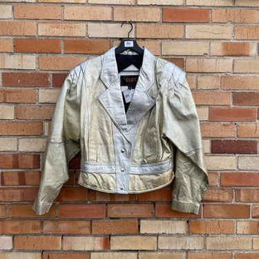 vintage 80s grey silver and gold leather jacket / l large 