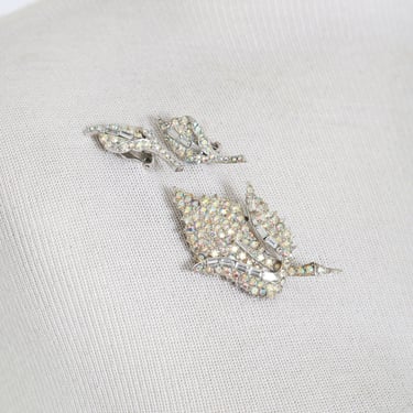 Vintage 50s PELL rhinestone flower aurora borealis brooch earring set | Signed PELL jewelry set 