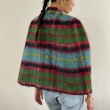 60s mohair cape coat / vintage plaid tartan brushed mohair cropped double breasted cape caplet coat | M 