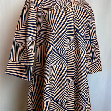 Structured A line tunic dress with pockets ~ spiral design pattern Neutral tones psychedelic print waxed cotton Kenya size S/M 