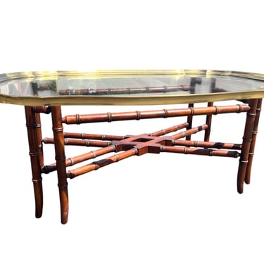Beautiful vintage Baker (?) faux bamboo chinoiserie coffee table with brass tray 