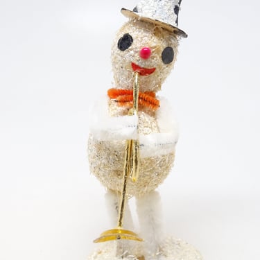 Vintage Spun Cotton Snowman playing Horn, Black Top Hat, Retro Christmas, Retro Decor 