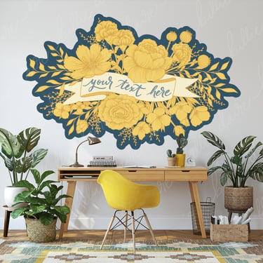 Customizable Wall Decal | Yellow Peony & Rose Floral Banner | Multiple Sizes Available | Personalized Words or Text 