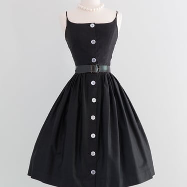 The Perfect 1950's Black Polished Cotton Sundress by Bobbie Brooks / Waist 26&quot;