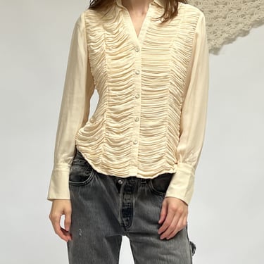 Cream Ruched Silk Blouse (M)