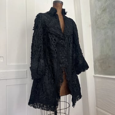 Antique Edwardian Black Handmade Tape Lace Coat Chiffon Dress Jacket Vintage