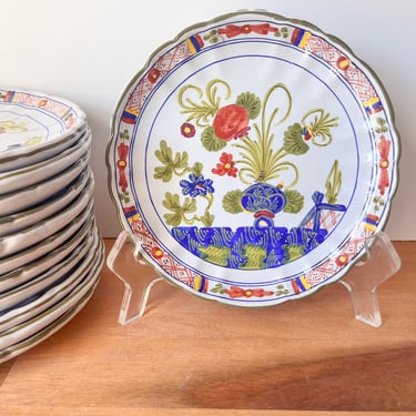 Set of Faenza Pottery Blue Carnation Appetizer Plates. Hand painted Blue, Green and Orange Italian Dishes. 