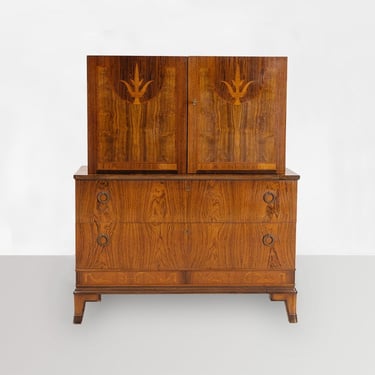 Erik Chambert, mahogany and rosewood veneered Swedish Grace secretaire, Chamberts Möbelfabrik.