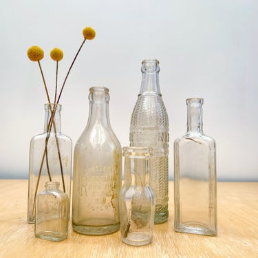 Antique Clear Glass Bottle Collection, Set of 6, 19th Century 1800s Apothecary Jars Found in Wisconsin, Nehi Soda & Reedsburg Bottling Works 