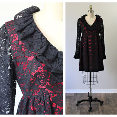 Vintage 1960s 70s Black lace and Red taffeta babydoll cocktail evening dress  / modern xs small US 2 4 