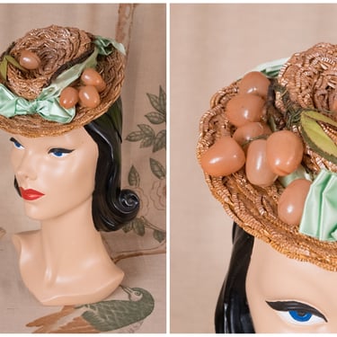 1940s Hat - Charming LADDIE NORTHRIDGE Vintage 40s Straw Tilt with Faux Fruit and Mint Satin Bows 
