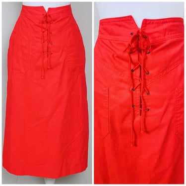 1990s Vintage Cotton Red Wiggle Skirt / 90s High Waisted Lace Up Corset Nautical Pencil Skirt / Size Small 
