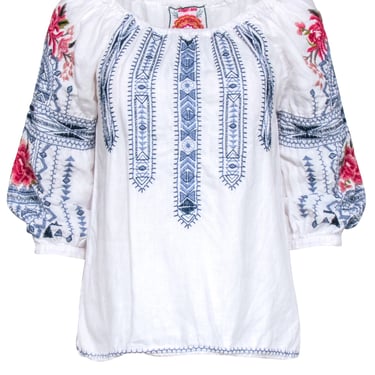 Johnny Was - White w/ Blue &amp; Floral Embroidered Tunic Shirt Sz XS