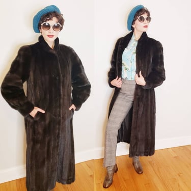 1980s Ranch Mink Fur Coat / 80s Hana K Shiny Glossy Chocolate Dark Brown Ankle Length Winter Fur Coat / M 