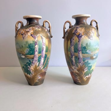 Antique Moriage Urn Vases Pair Nippon Satsuma Style Swan Lake Trees Art Nouveau 